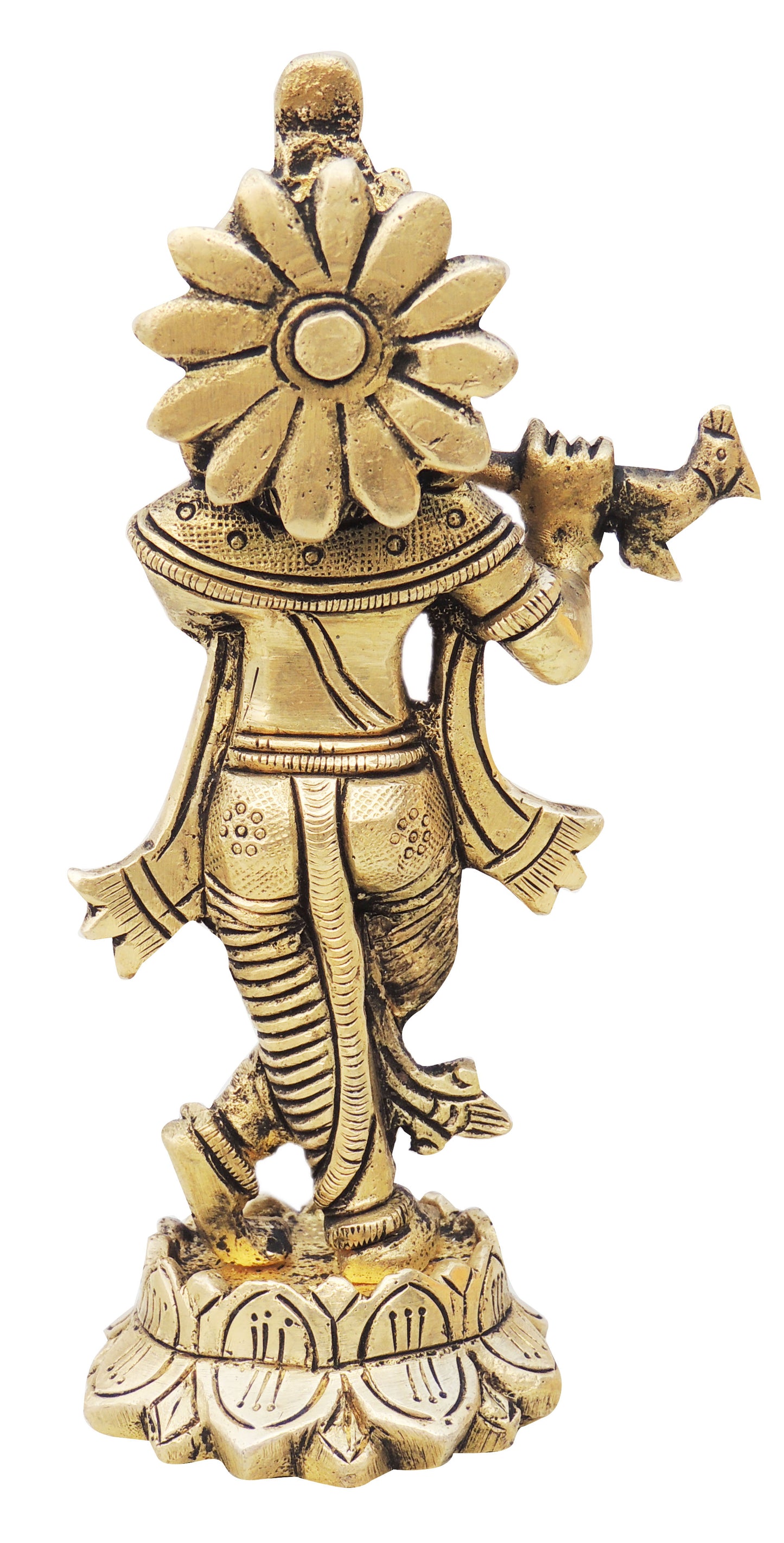 Backside of Brass Krishna on Lotus Pedestal