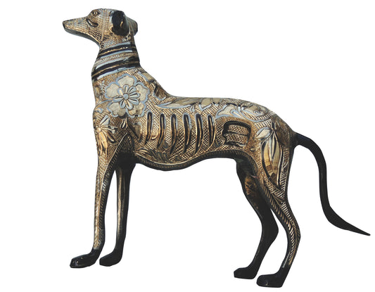 Side view of Brass Dog Statue in Black and Gold Pattern.