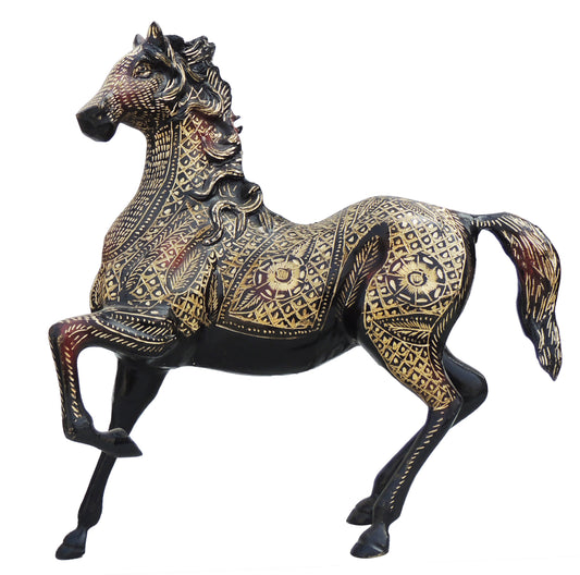 Zoomed Photo of Brass Horse Statue with Black and Gold Geometric Print.