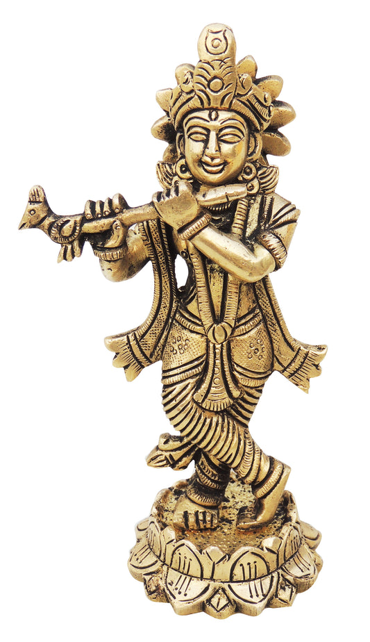 Brass Krishna on Lotus Pedestal