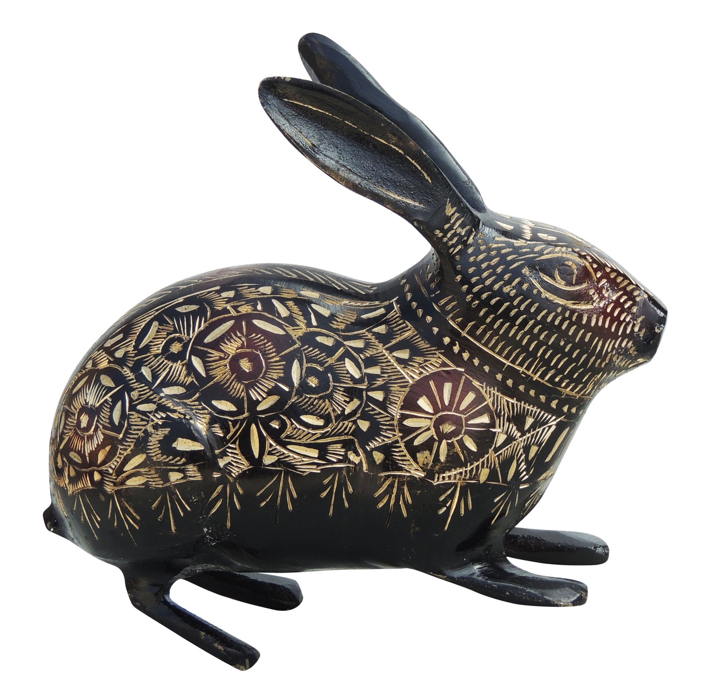 Side view of Brass Rabbit Statue in Reddish Black and Gold.