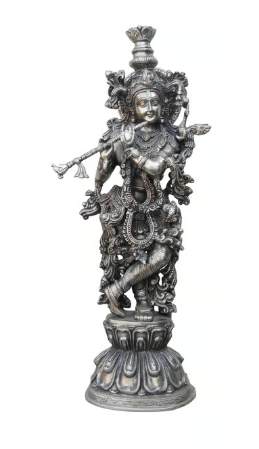Divine Brass Krishna Statue with Flute – Silver Antique Finish