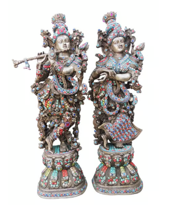 Brass Radha Krishna Idol – Antique Silver Finish with Stone Inlay