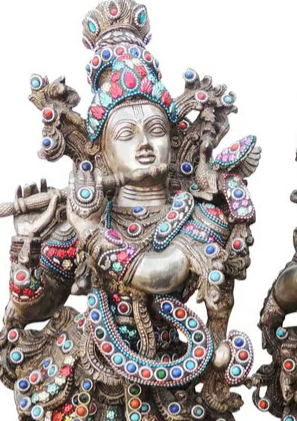 Brass Radha Krishna Idol – Antique Silver Finish with Stone Inlay