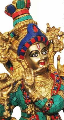 Antique Finish Brass Krishna Murti on Cow – Intricate Stone Embellished Sculpture