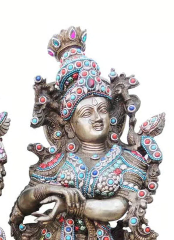 Brass Radha Krishna Idol – Antique Silver Finish with Stone Inlay