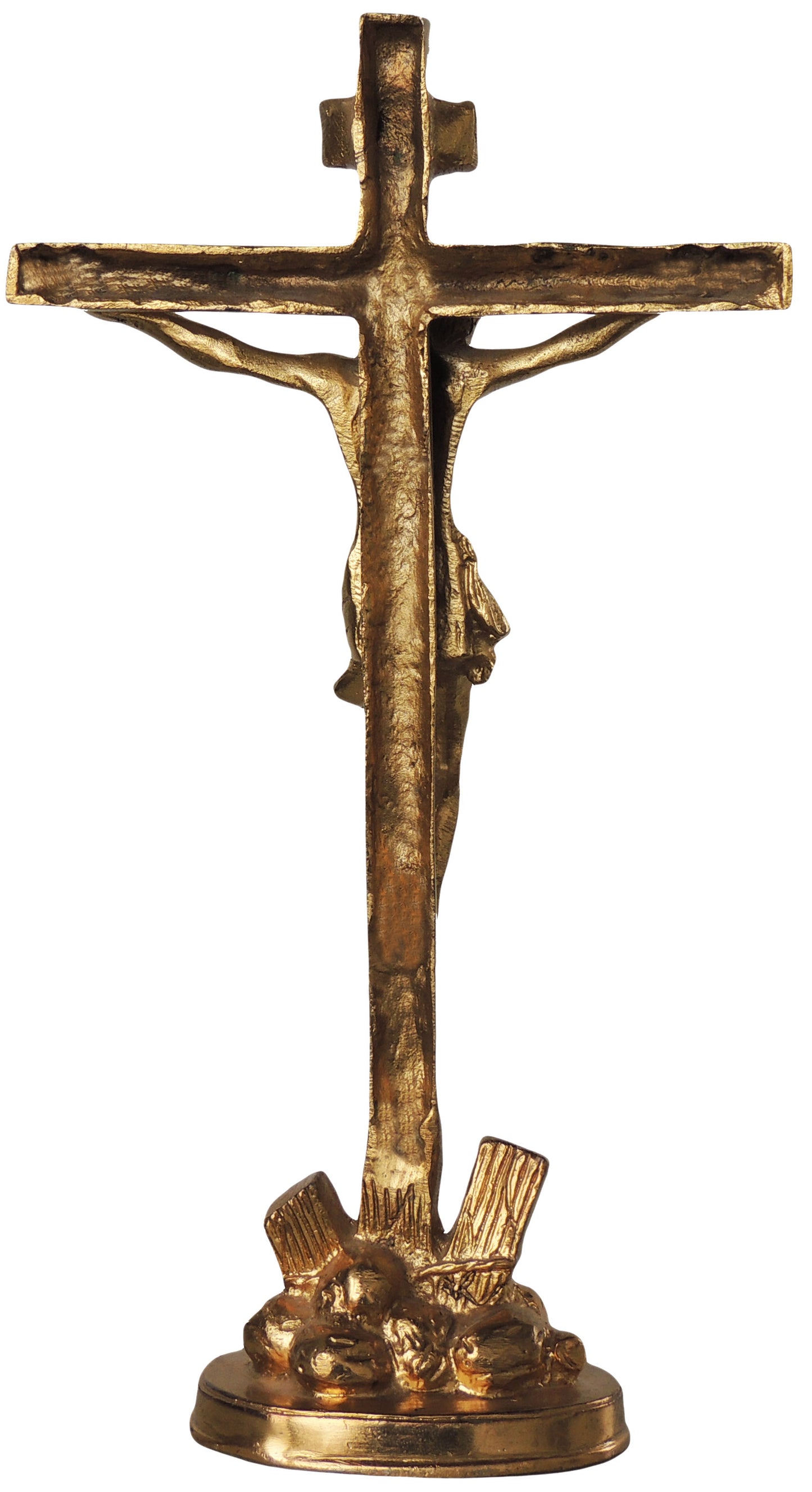 back of brass statue of jesus on the cross