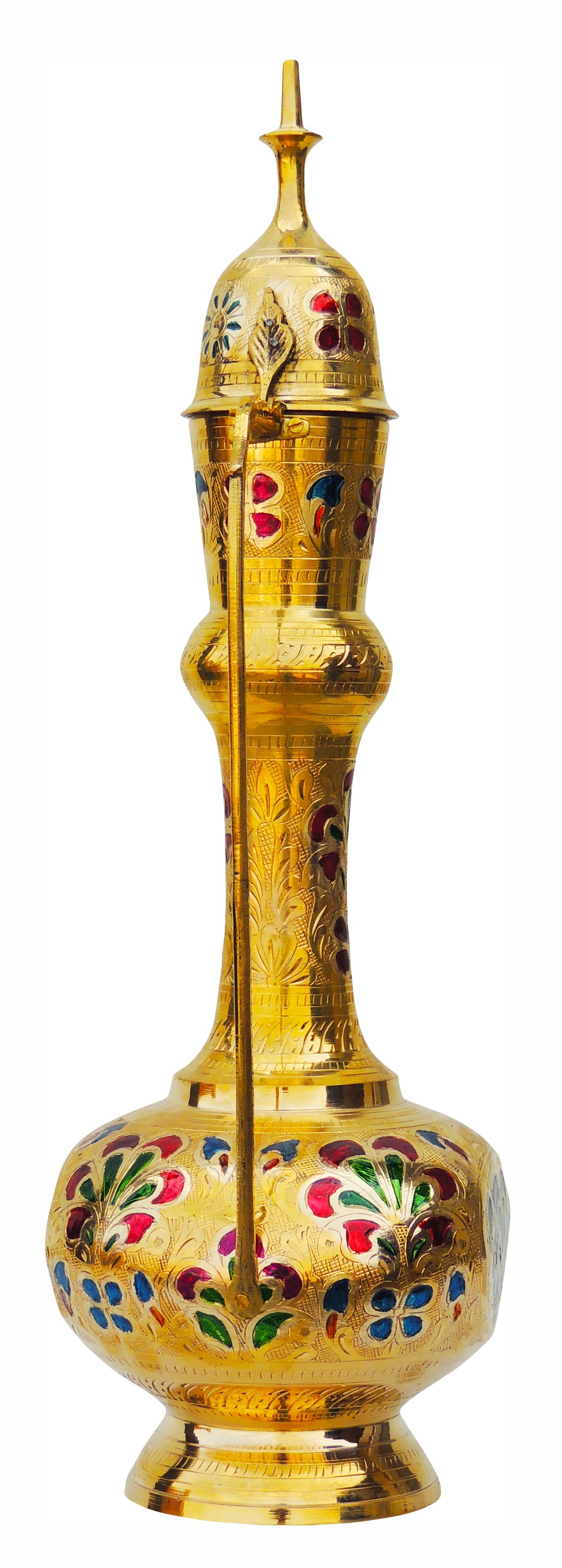 brass surahi with floral design back view side angle