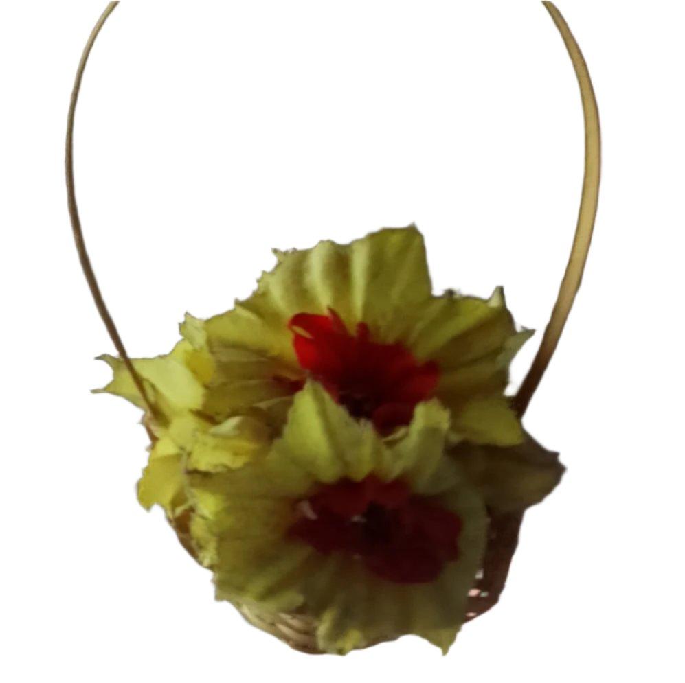 side view of bamboo flower basket with flowers