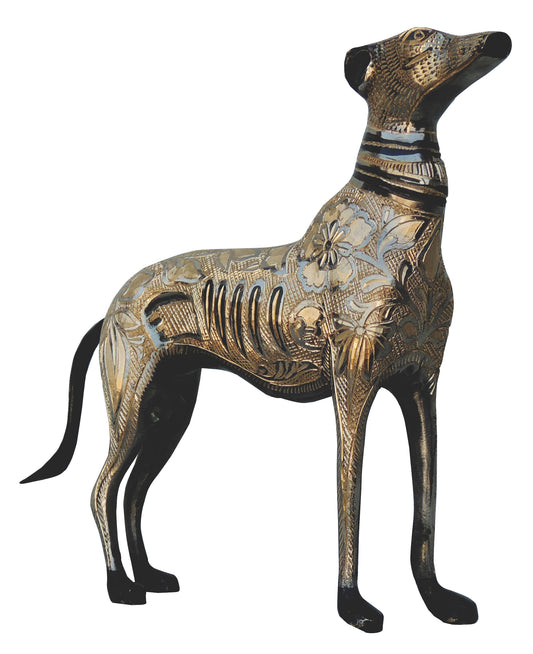 Brass Dog Statue in Black with Gold Floral Design