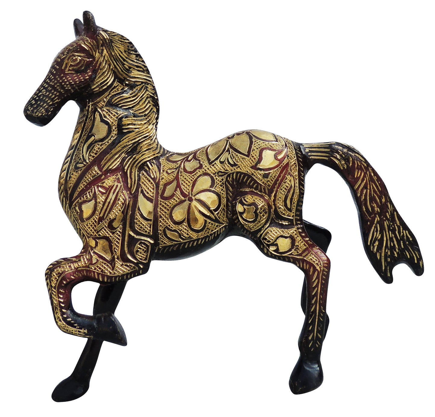 Brass Horse Statue in Reddish Black with Gold Details