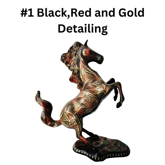 Brass Horse Statue with Black,Red and Gold Detailing.