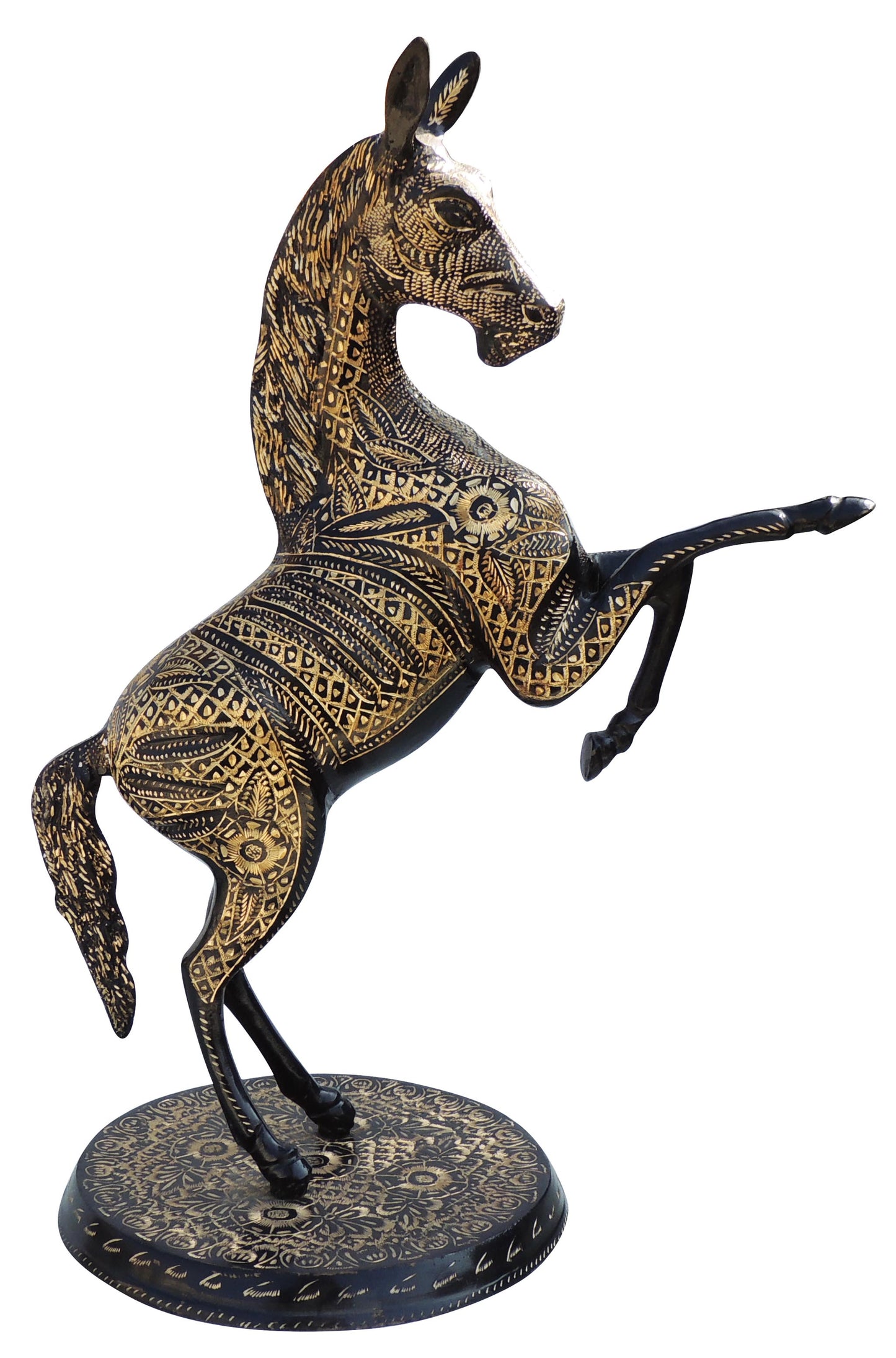 Zoomed Photo of Brass Horse Statue with Black and Gold Design.
