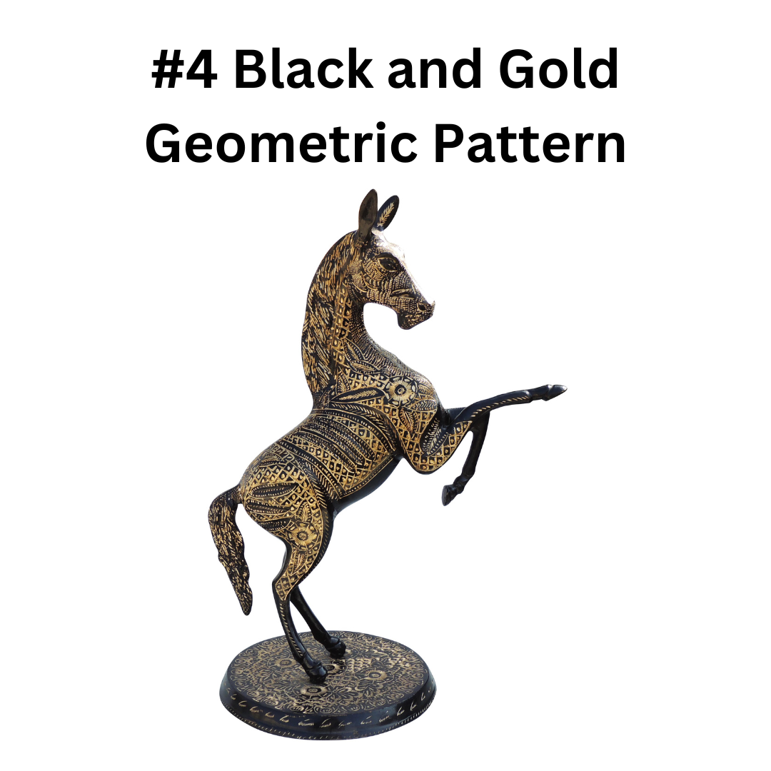 Brass Horse Statue with Black and Gold Detailing.