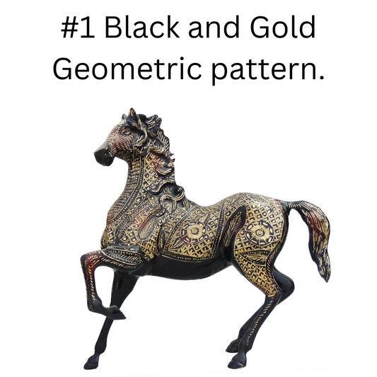 Brass Horse Statue with  Black and Gold Geometric pattern.