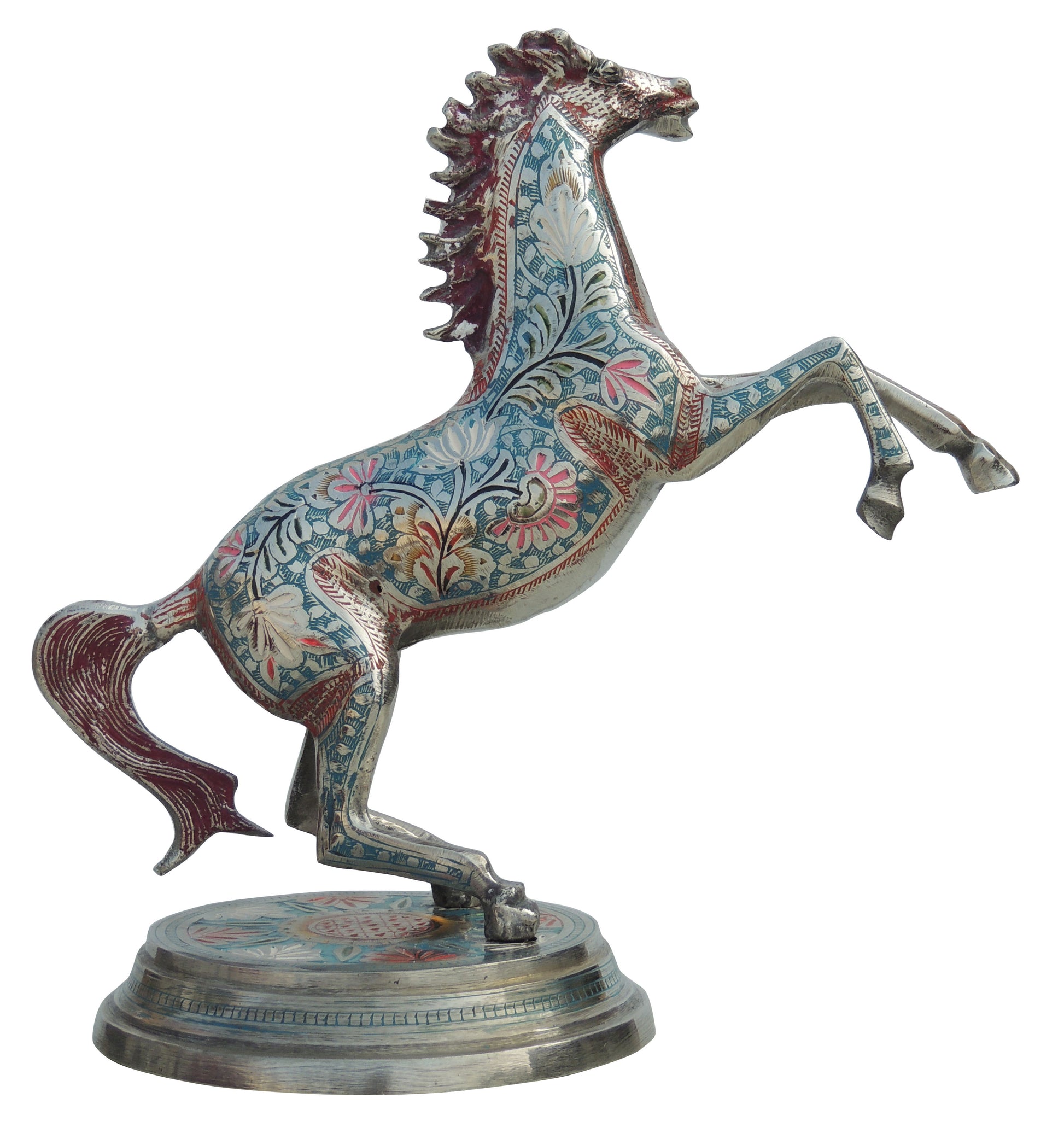 Zoomed Photo of Brass Horse Statue with Blue and Floral Print.