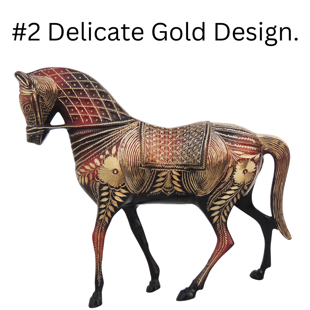 Brass Horse Statue with Delicate Gold Design.