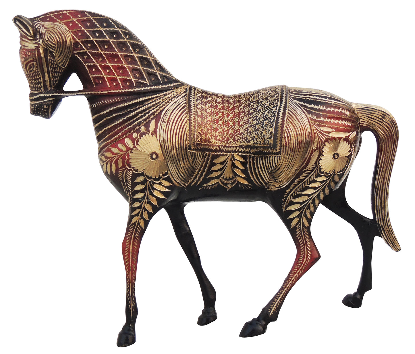 Brass Horse Statue with Delicate Gold pattern.