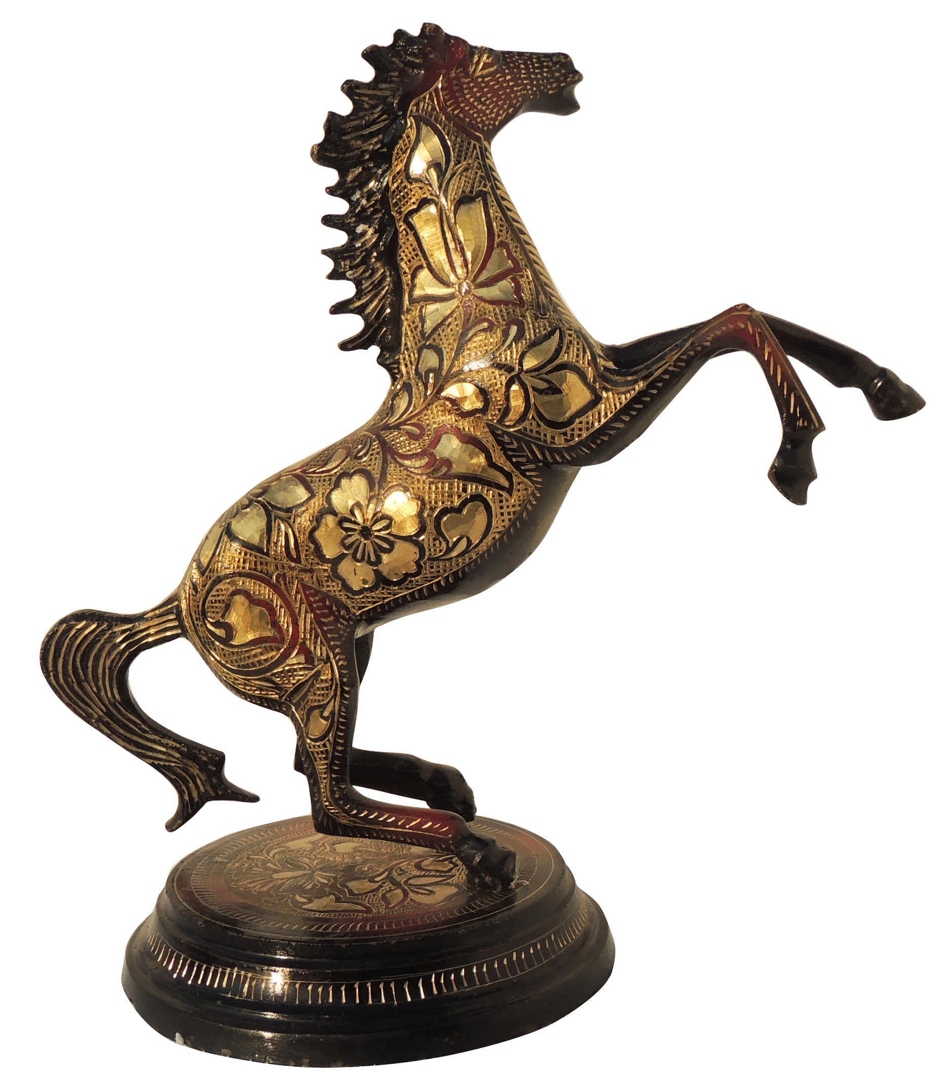 Zoomed Photo of Brass Horse Statue with Gold Floral Print.