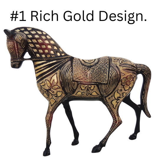Brass Horse Statue with Rich Gold Design.