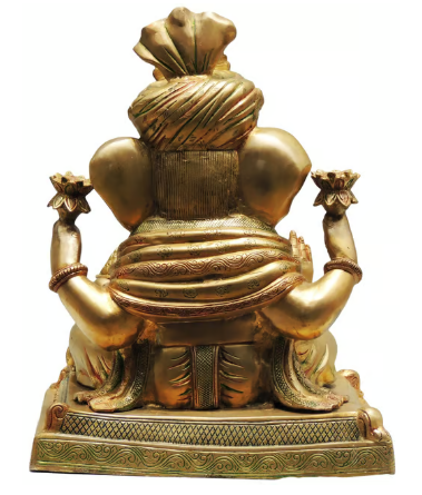 Brass Pagdi Ganpati in Sukhasana - Antique Finish ( 19" tall ) - back
