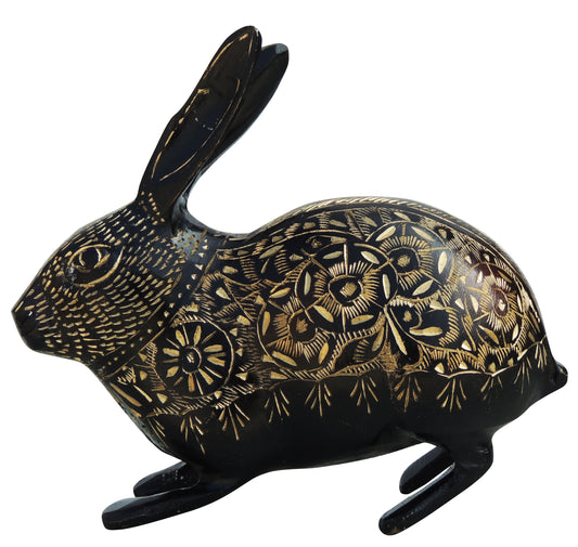 Brass Rabbit Statue in Black with Gold Patterns