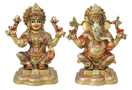 Lakshmi Ganpati Brass Sculpture Set (7.5 - 8 inch tall)