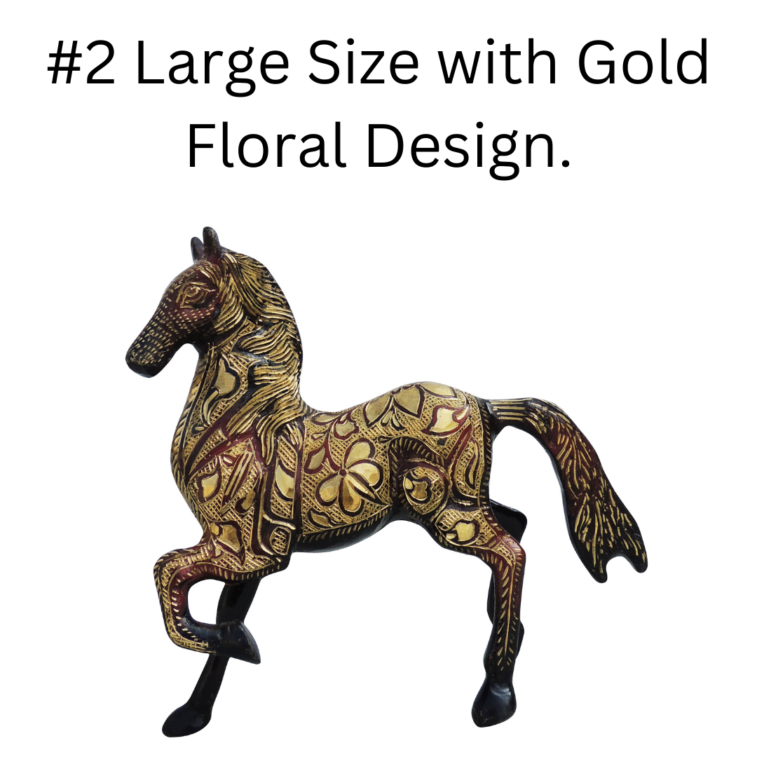Large Size of Brass Horse Statue with Gold Floral Design.