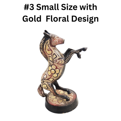 Small Size Brass Horse Statue with Gold Floral Design.