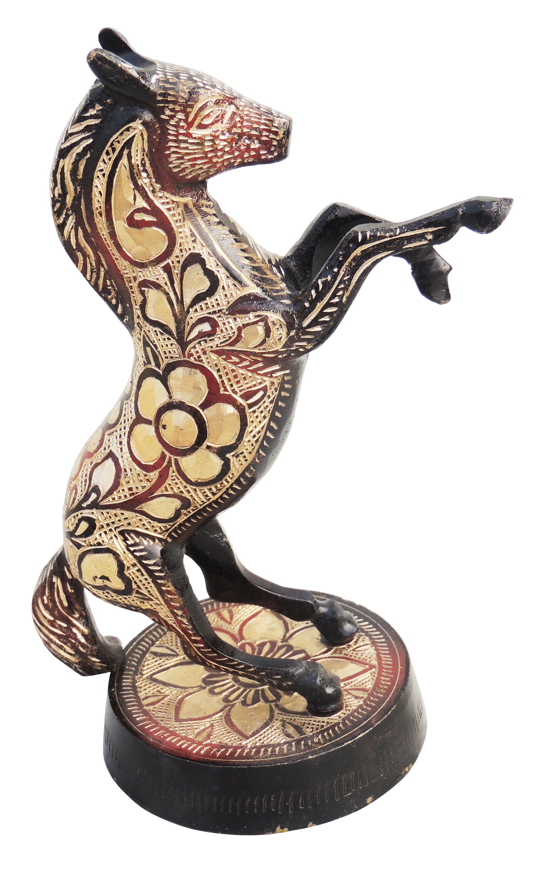 Zoomed Photo of Small Size Brass Horse Statue with Gold Floral Design.