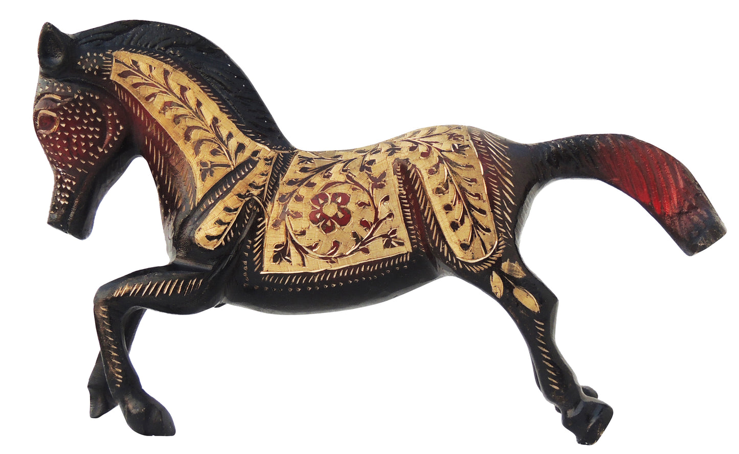 Zoomed Photo of Small Size of Brass Horse Statue with Gold Floral Design.