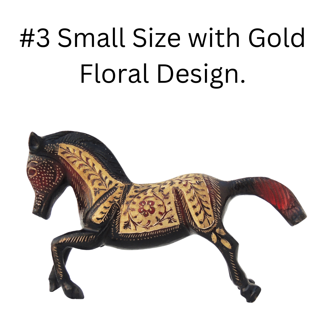 Small Size of Brass Horse Statue with Gold Floral Design.