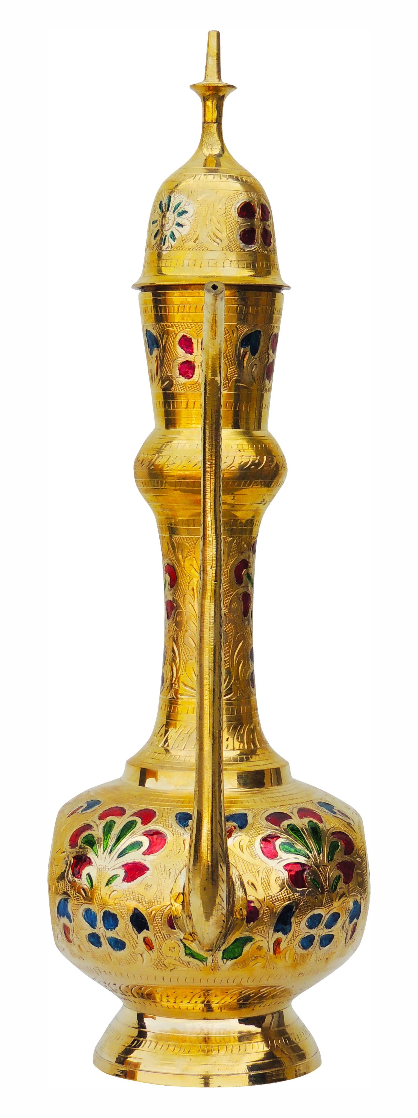brass surahi with floral design back view