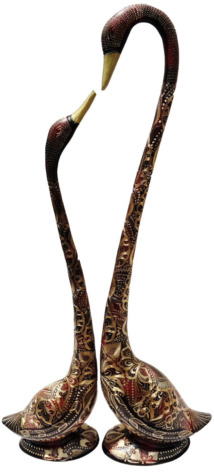 brass swan pair with intricate gold design zoomed in view