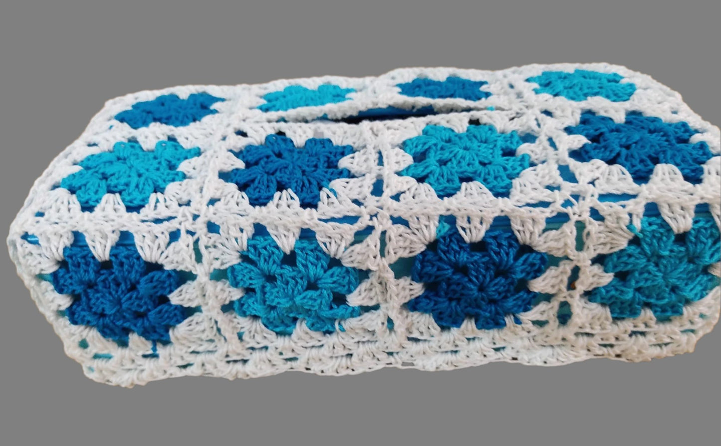 crochet tissue box blue and white granny square