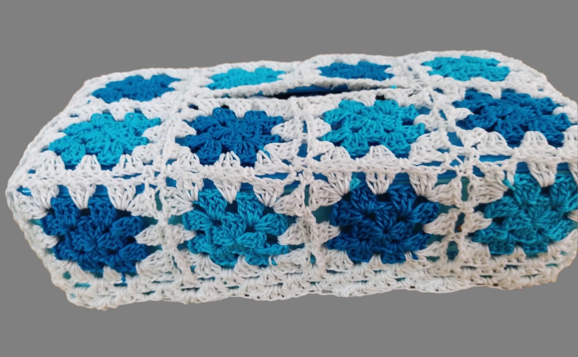 crochet tissue box blue and white granny square