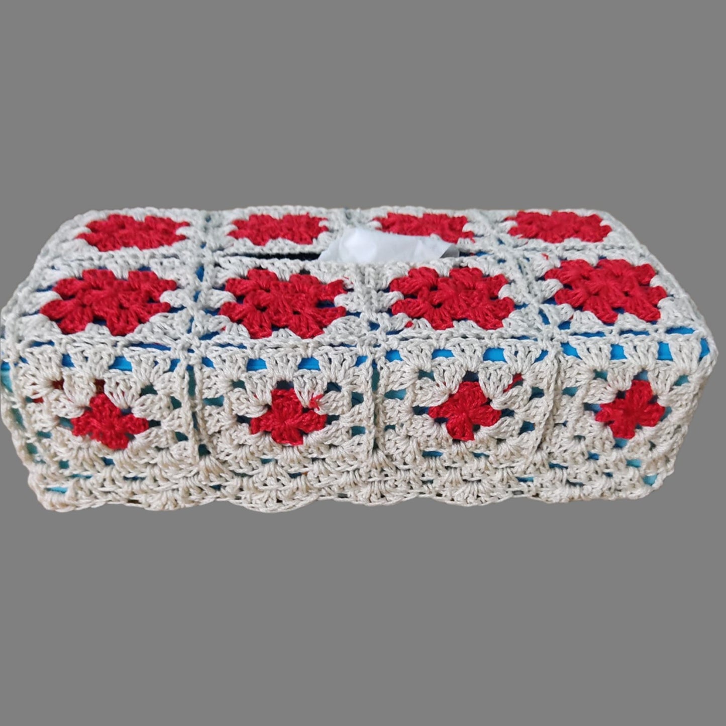 crochet tissue box with red and white granny squares