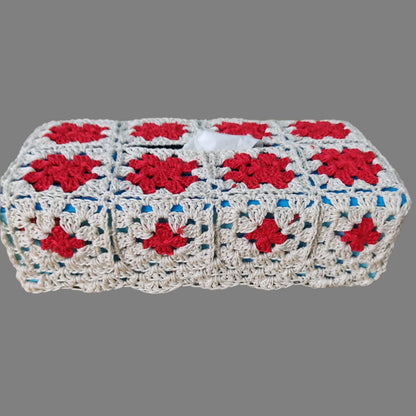 crochet tissue box with red and white granny squares
