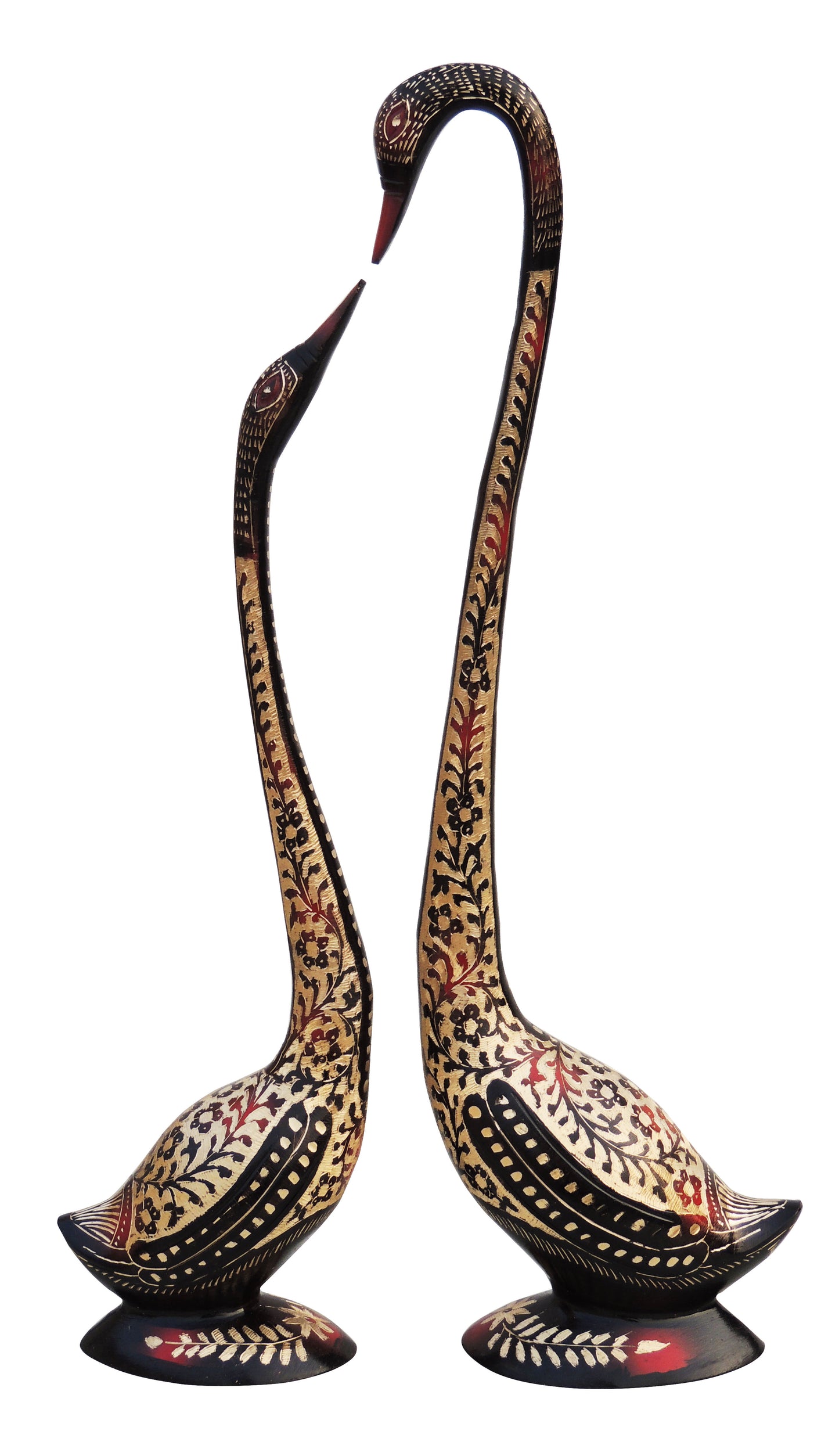 gold and red flower design brass swan statue pair