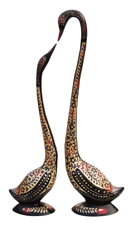 gold and red flower design brass swan statue pair