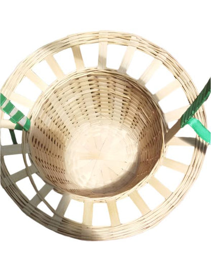 zoomed in design of hat shaped bamboo basket