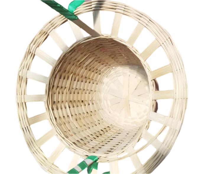 zoomed in top view of hat shaped bamboo basket